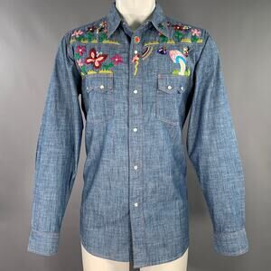 NEEDLES Size L Blue Multi Color Embroidery Chambray Snaps Long Sleeve Shirt